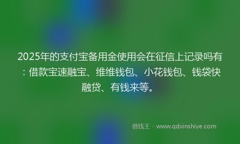 2025年的支付宝备用金使用会在征信上记录吗有：借款宝速融宝、维维钱包、小花钱包、钱袋快融贷、有钱来等。
