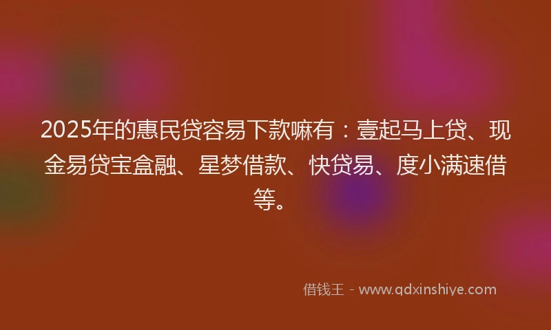 2025年的惠民贷容易下款嘛有：壹起马上贷、现金易贷宝盒融、星梦借款、快贷易、度小满速借等。