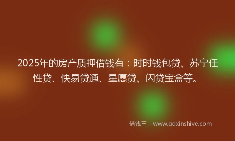 2025年的房产质押借钱有：时时钱包贷、苏宁任性贷、快易贷通、星愿贷、闪贷宝盒等。