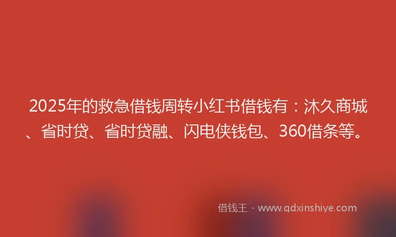 2025年的救急借钱周转小红书借钱有：沐久商城、省时贷、省时贷融、闪电侠钱包、360借条等。