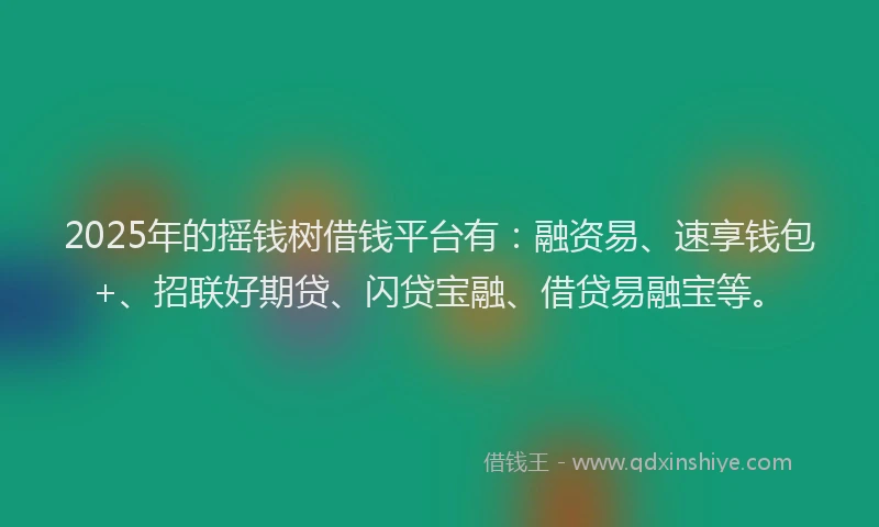 2025年的摇钱树借钱平台有：融资易、速享钱包+、招联好期贷、闪贷宝融、借贷易融宝等。