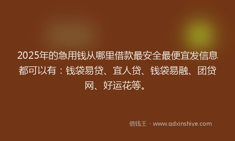 2025年的急用钱从哪里借款最安全最便宜发信息都可以有：钱袋易贷、宜人贷、钱袋易融、团贷网、好运花等。