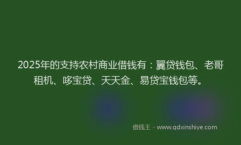 2025年的支持农村商业借钱有：翼贷钱包、老哥租机、哆宝贷、天天金、易贷宝钱包等。
