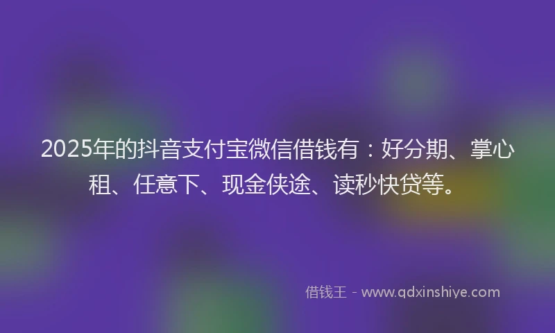 2025年的抖音支付宝微信借钱有：好分期、掌心租、任意下、现金侠途、读秒快贷等。