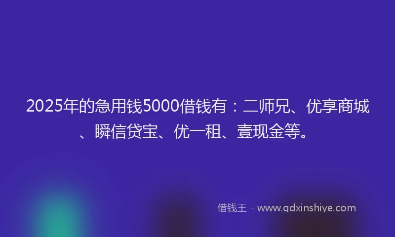 2025年的急用钱5000借钱有：二师兄、优享商城、瞬信贷宝、优一租、壹现金等。