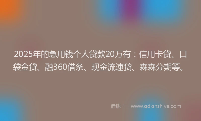 2025年的急用钱个人贷款20万有：信用卡贷、口袋金贷、融360借条、现金流速贷、森森分期等。