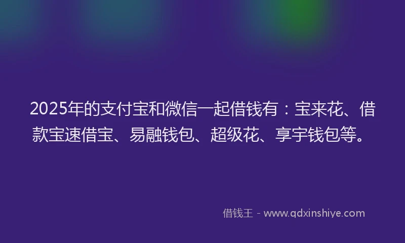 2025年的支付宝和微信一起借钱有：宝来花、借款宝速借宝、易融钱包、超级花、享宇钱包等。