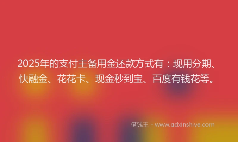 2025年的支付主备用金还款方式有：现用分期、快融金、花花卡、现金秒到宝、百度有钱花等。