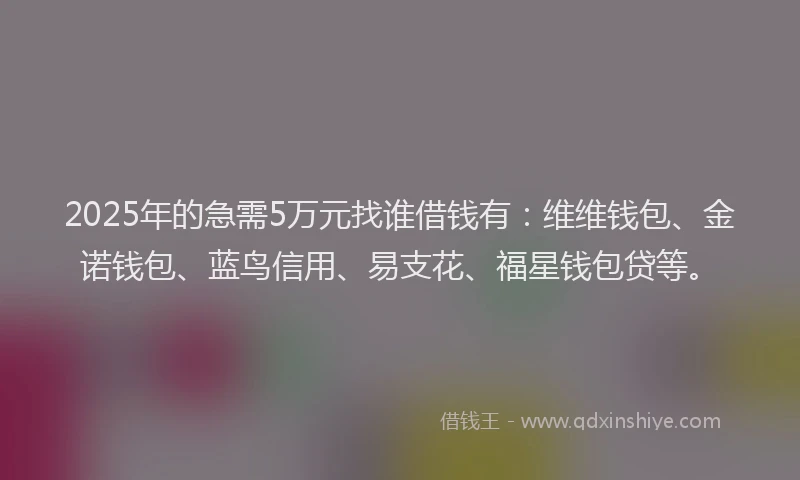 2025年的急需5万元找谁借钱有：维维钱包、金诺钱包、蓝鸟信用、易支花、福星钱包贷等。
