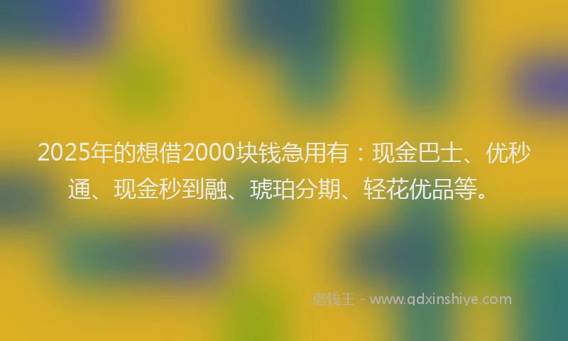 2025年的想借2000块钱急用有：现金巴士、优秒通、现金秒到融、琥珀分期、轻花优品等。