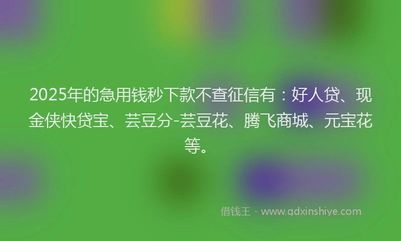 2025年的急用钱秒下款不查征信有：好人贷、现金侠快贷宝、芸豆分-芸豆花、腾飞商城、元宝花等。