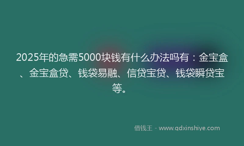2025年的急需5000块钱有什么办法吗有：金宝盒、金宝盒贷、钱袋易融、信贷宝贷、钱袋瞬贷宝等。