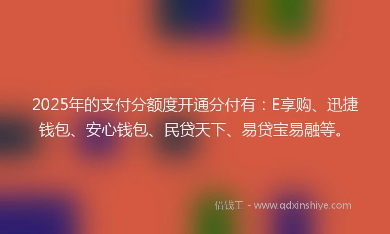 2025年的支付分额度开通分付有：E享购、迅捷钱包、安心钱包、民贷天下、易贷宝易融等。