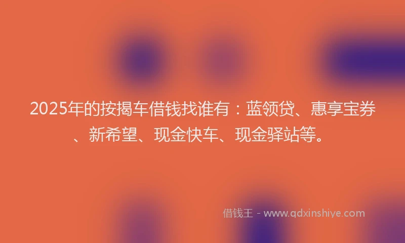 2025年的按揭车借钱找谁有：蓝领贷、惠享宝券、新希望、现金快车、现金驿站等。