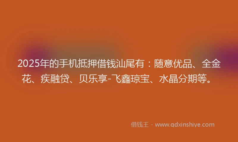 2025年的手机抵押借钱汕尾有：随意优品、全金花、疾融贷、贝乐享-飞鑫琼宝、水晶分期等。