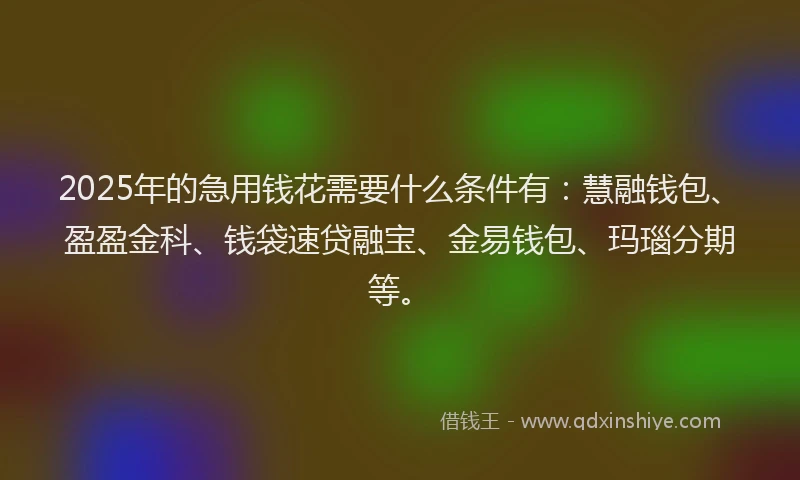 2025年的急用钱花需要什么条件有：慧融钱包、盈盈金科、钱袋速贷融宝、金易钱包、玛瑙分期等。