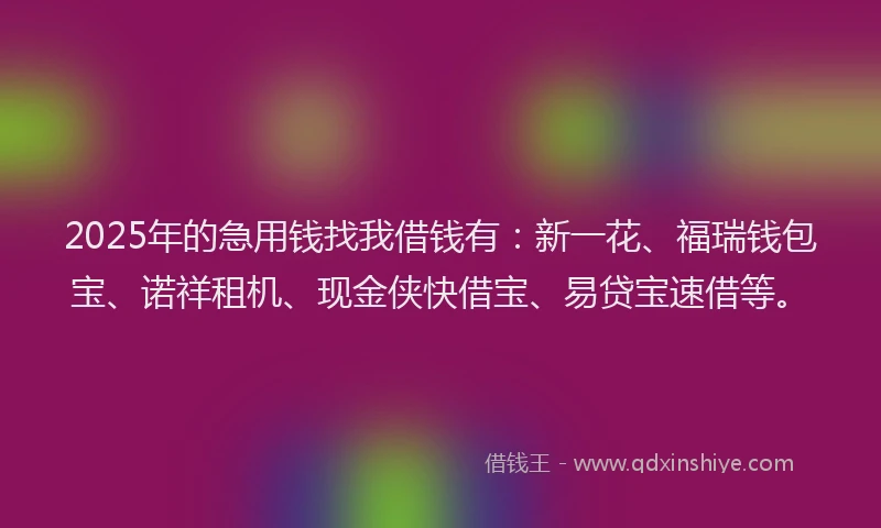 2025年的急用钱找我借钱有：新一花、福瑞钱包宝、诺祥租机、现金侠快借宝、易贷宝速借等。