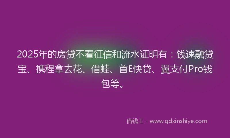 2025年的房贷不看征信和流水证明有：钱速融贷宝、携程拿去花、借蛙、首E快贷、翼支付Pro钱包等。