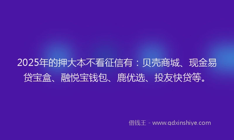 2025年的押大本不看征信有：贝壳商城、现金易贷宝盒、融悦宝钱包、鹿优选、投友快贷等。