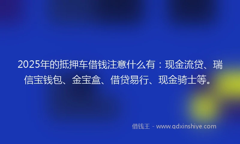 2025年的抵押车借钱注意什么有：现金流贷、瑞信宝钱包、金宝盒、借贷易行、现金骑士等。