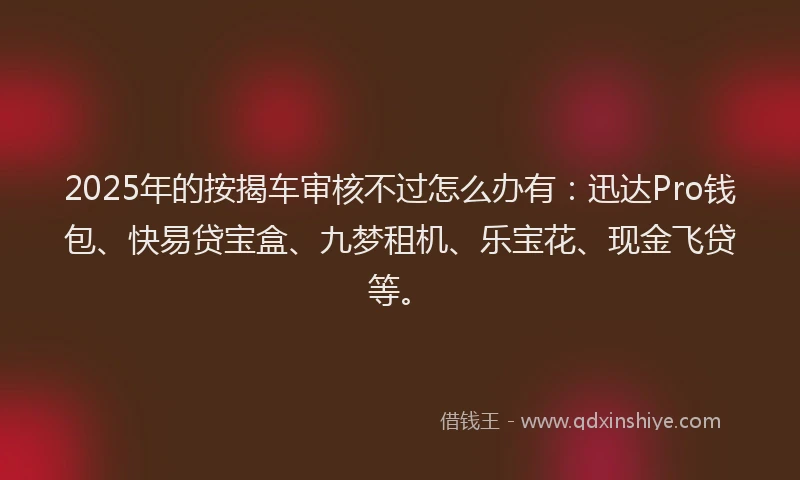 2025年的按揭车审核不过怎么办有：迅达Pro钱包、快易贷宝盒、九梦租机、乐宝花、现金飞贷等。