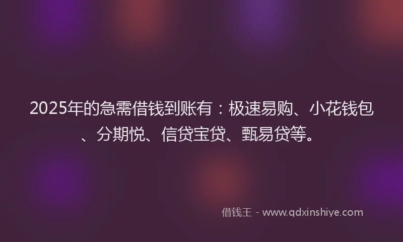 2025年的急需借钱到账有：极速易购、小花钱包、分期悦、信贷宝贷、甄易贷等。
