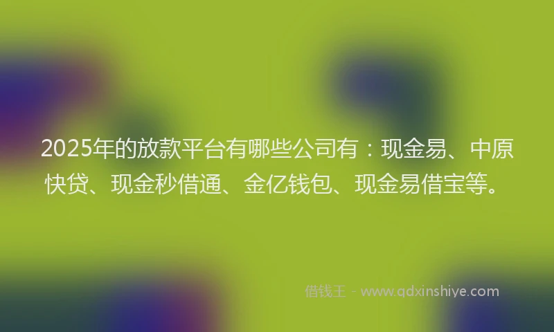 2025年的放款平台有哪些公司有：现金易、中原快贷、现金秒借通、金亿钱包、现金易借宝等。