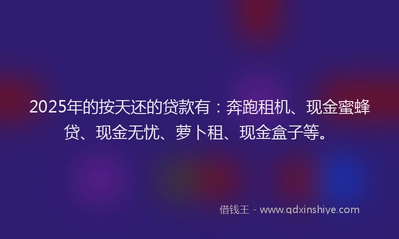 2025年的按天还的贷款有：奔跑租机、现金蜜蜂贷、现金无忧、萝卜租、现金盒子等。