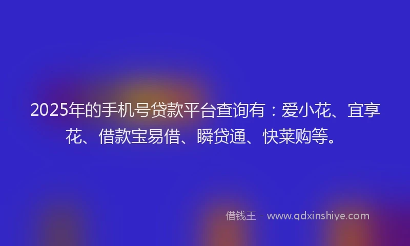 2025年的手机号贷款平台查询有：爱小花、宜享花、借款宝易借、瞬贷通、快莱购等。