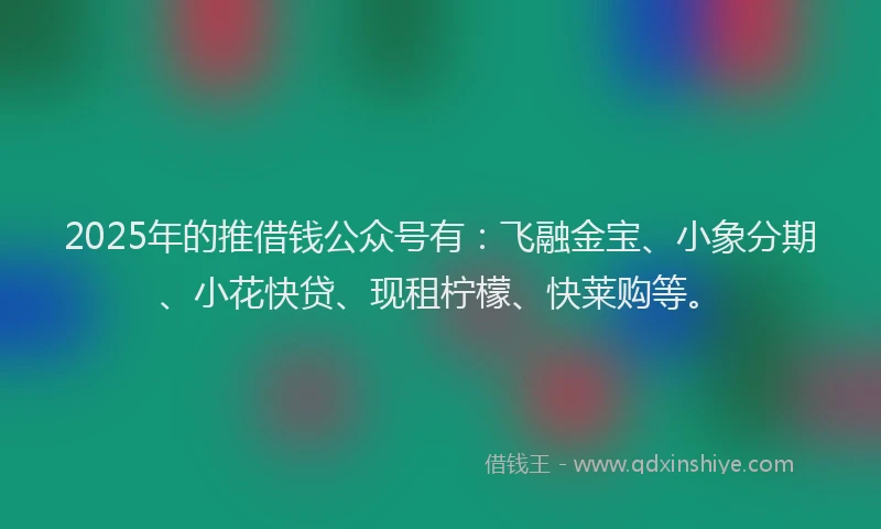 2025年的推借钱公众号有：飞融金宝、小象分期、小花快贷、现租柠檬、快莱购等。