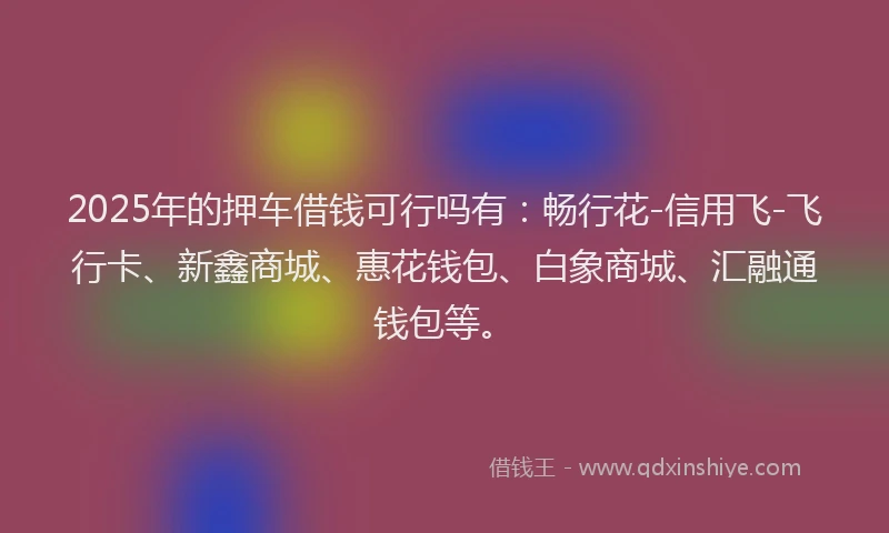 2025年的押车借钱可行吗有：畅行花-信用飞-飞行卡、新鑫商城、惠花钱包、白象商城、汇融通钱包等。