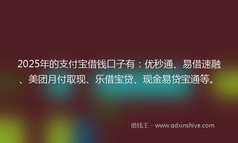 2025年的支付宝借钱口子有：优秒通、易借速融、美团月付取现、乐借宝贷、现金易贷宝通等。