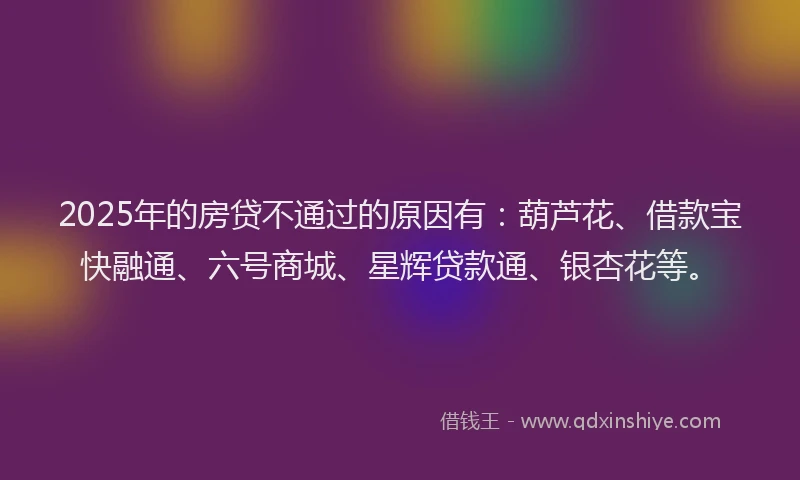 2025年的房贷不通过的原因有：葫芦花、借款宝快融通、六号商城、星辉贷款通、银杏花等。