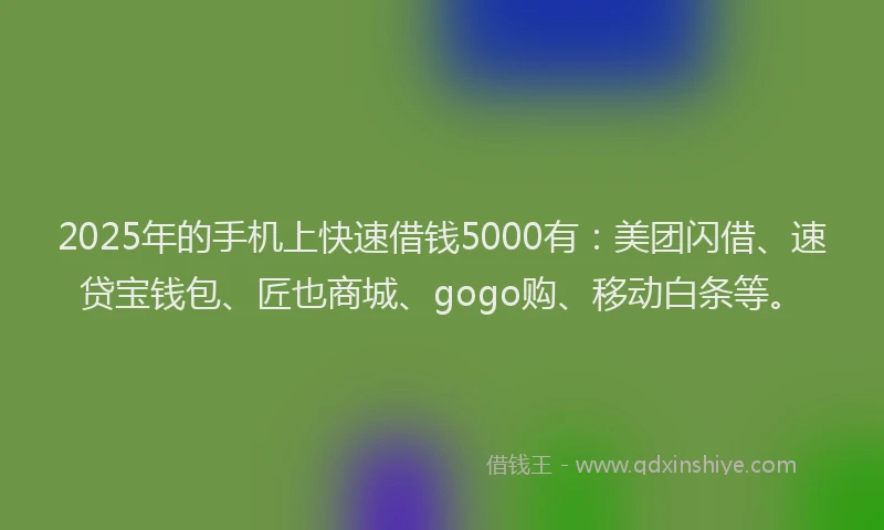 2025年的手机上快速借钱5000有：美团闪借、速贷宝钱包、匠也商城、gogo购、移动白条等。
