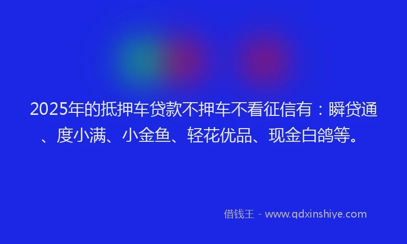 2025年的抵押车贷款不押车不看征信有：瞬贷通、度小满、小金鱼、轻花优品、现金白鸽等。