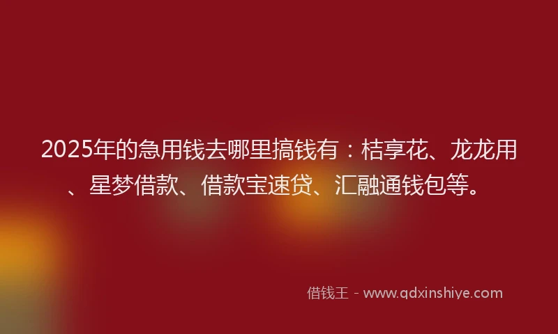 2025年的急用钱去哪里搞钱有：桔享花、龙龙用、星梦借款、借款宝速贷、汇融通钱包等。