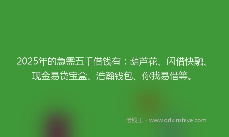 2025年的急需五千借钱有：葫芦花、闪借快融、现金易贷宝盒、浩瀚钱包、你我易借等。