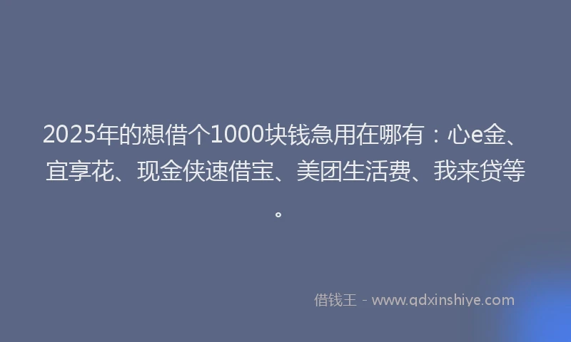 2025年的想借个1000块钱急用在哪有：心e金、宜享花、现金侠速借宝、美团生活费、我来贷等。