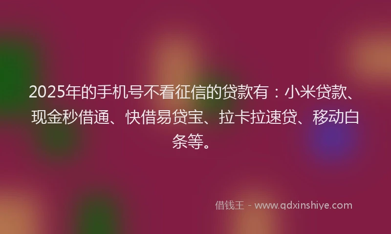 2025年的手机号不看征信的贷款有：小米贷款、现金秒借通、快借易贷宝、拉卡拉速贷、移动白条等。