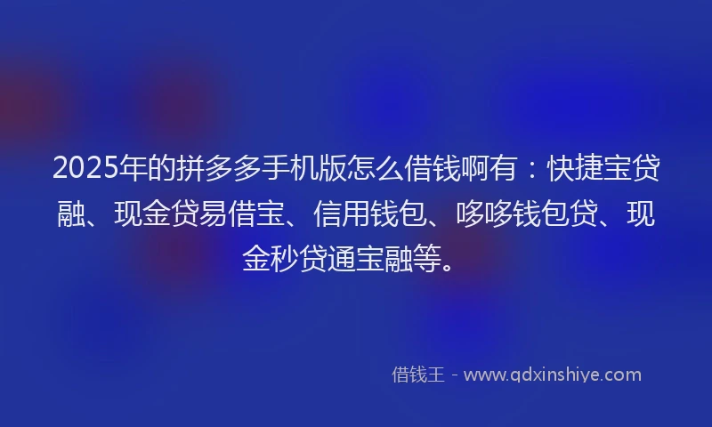 2025年的拼多多手机版怎么借钱啊有：快捷宝贷融、现金贷易借宝、信用钱包、哆哆钱包贷、现金秒贷通宝融等。