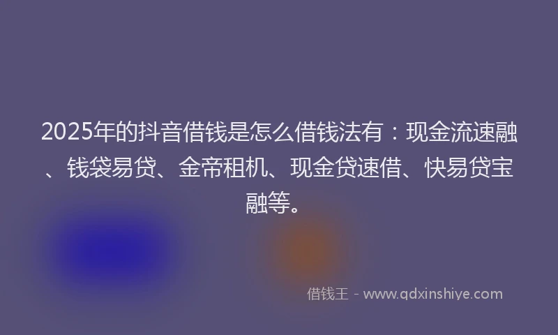 2025年的抖音借钱是怎么借钱法有：现金流速融、钱袋易贷、金帝租机、现金贷速借、快易贷宝融等。