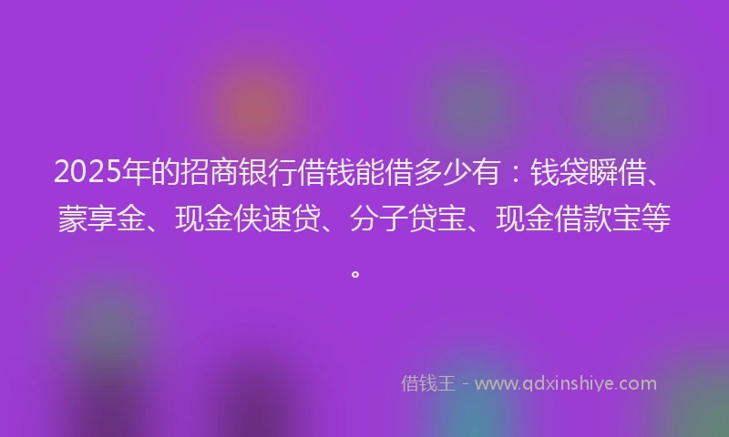 2025年的招商银行借钱能借多少有：钱袋瞬借、蒙享金、现金侠速贷、分子贷宝、现金借款宝等。