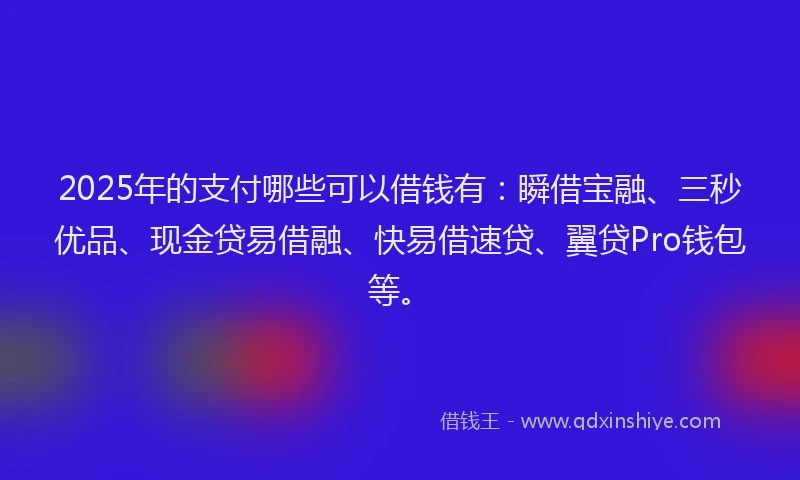 2025年的支付哪些可以借钱有：瞬借宝融、三秒优品、现金贷易借融、快易借速贷、翼贷Pro钱包等。