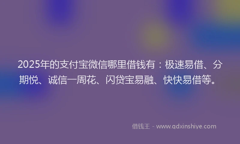 2025年的支付宝微信哪里借钱有：极速易借、分期悦、诚信一周花、闪贷宝易融、快快易借等。