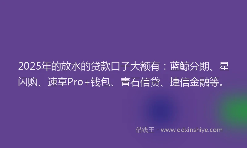 2025年的放水的贷款口子大额有：蓝鲸分期、星闪购、速享Pro+钱包、青石信贷、捷信金融等。