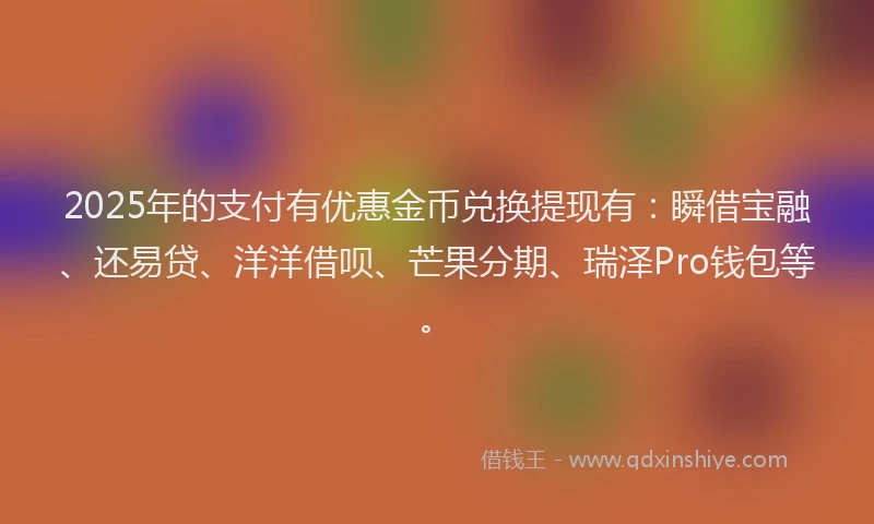 2025年的支付有优惠金币兑换提现有：瞬借宝融、还易贷、洋洋借呗、芒果分期、瑞泽Pro钱包等。