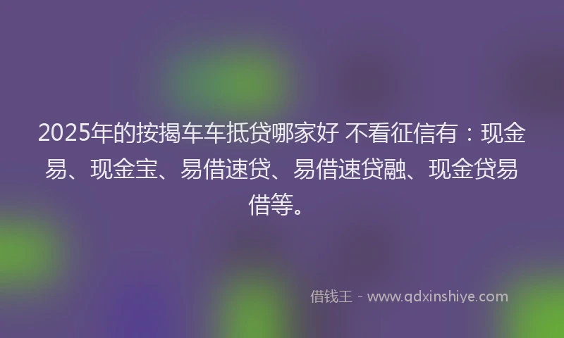 2025年的按揭车车抵贷哪家好 不看征信有：现金易、现金宝、易借速贷、易借速贷融、现金贷易借等。