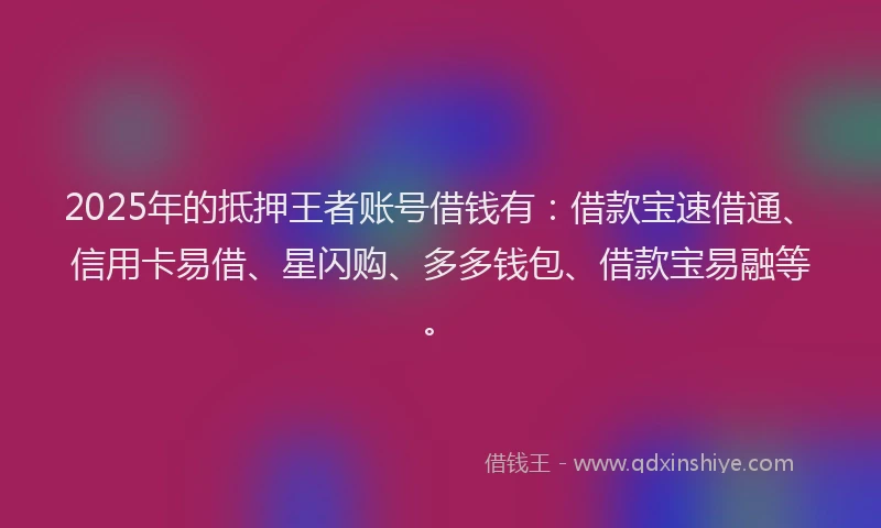 2025年的抵押王者账号借钱有：借款宝速借通、信用卡易借、星闪购、多多钱包、借款宝易融等。