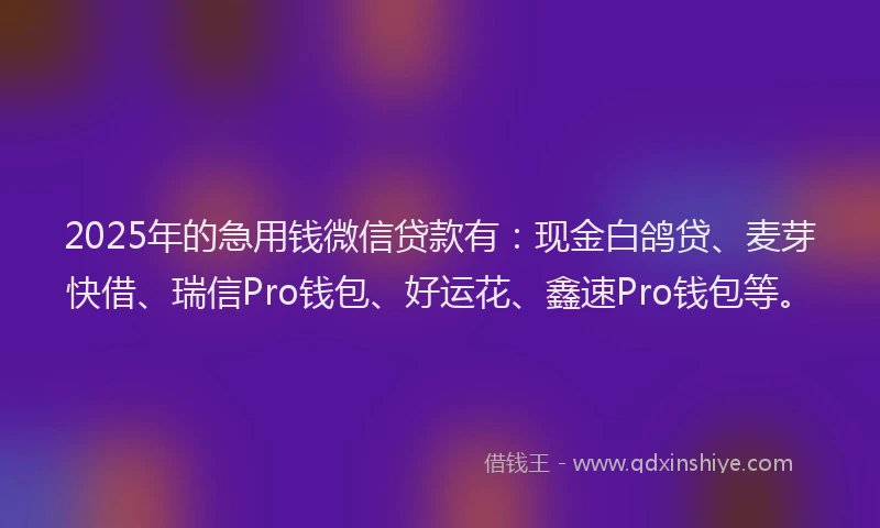2025年的急用钱微信贷款有：现金白鸽贷、麦芽快借、瑞信Pro钱包、好运花、鑫速Pro钱包等。
