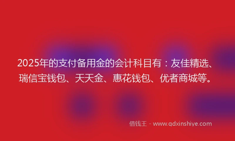 2025年的支付备用金的会计科目有：友佳精选、瑞信宝钱包、天天金、惠花钱包、优者商城等。